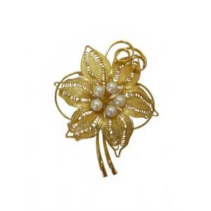 Large Vintage Filigree Flower Brooch With Faux Pearls